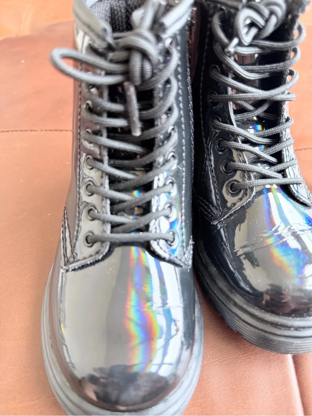 Doc Martens Black Patent Combat Boots with Back Loop